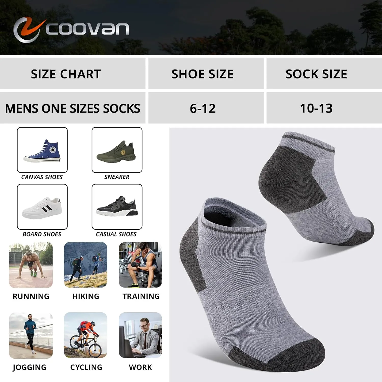 COOVAN Mens Athletic Ankle Socks Running Cushioned Breathable Low Cut Sports Workout Socks（12 Pairs）