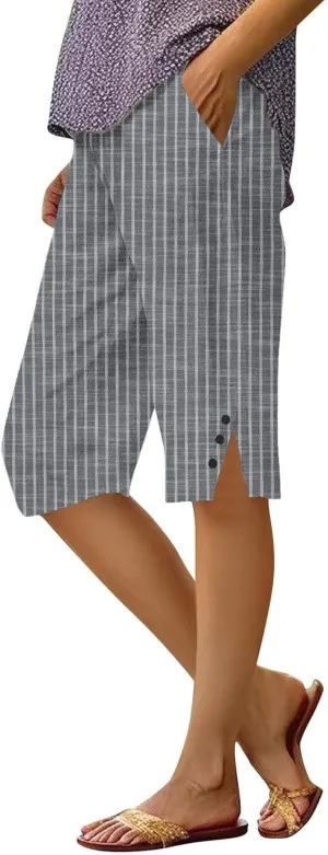 Cotton Linen Capri Pants for Women 2025 Knee Length Summer Capris Straight Leg Loose Beach Bermuda Shorts with Pocket