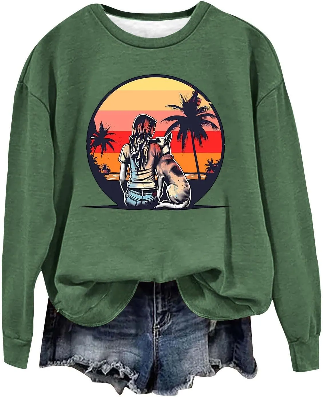 Crew Neck Sweatshirts Women Long Sleeve Casual Loose Fit Graphic Print Pullover Tops Fleece Lightweight Fashion Tops