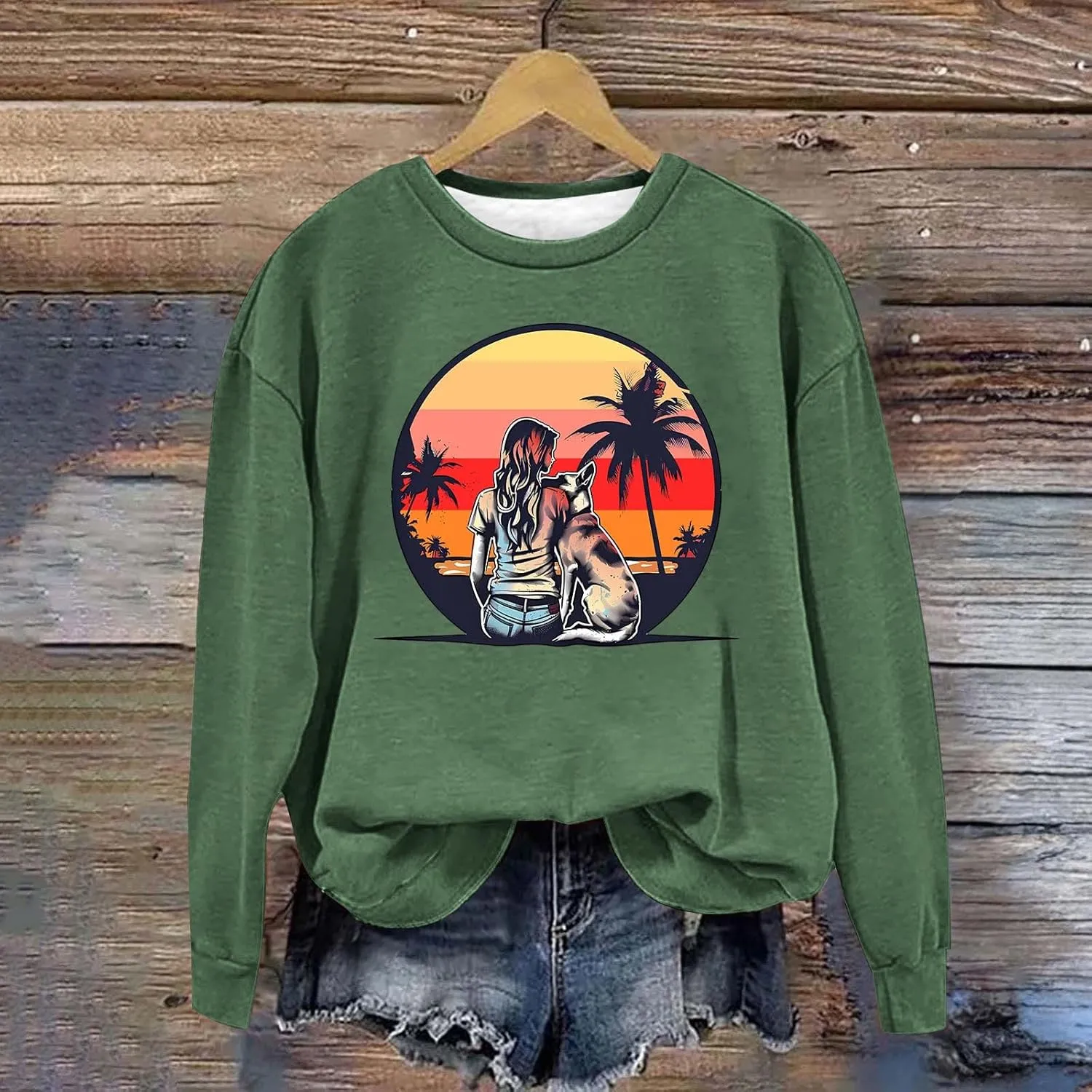 Crew Neck Sweatshirts Women Long Sleeve Casual Loose Fit Graphic Print Pullover Tops Fleece Lightweight Fashion Tops