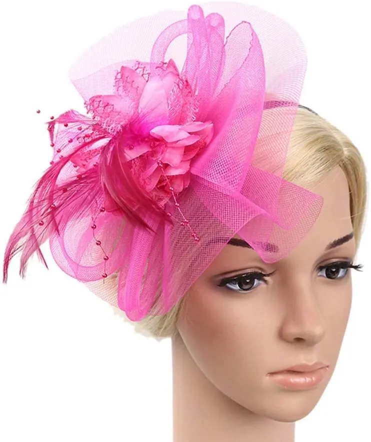 Fascinators for Women Tea Party Headband Hats Cocktail Flower Mesh Feathers Headwear Hair Clip for Wedding