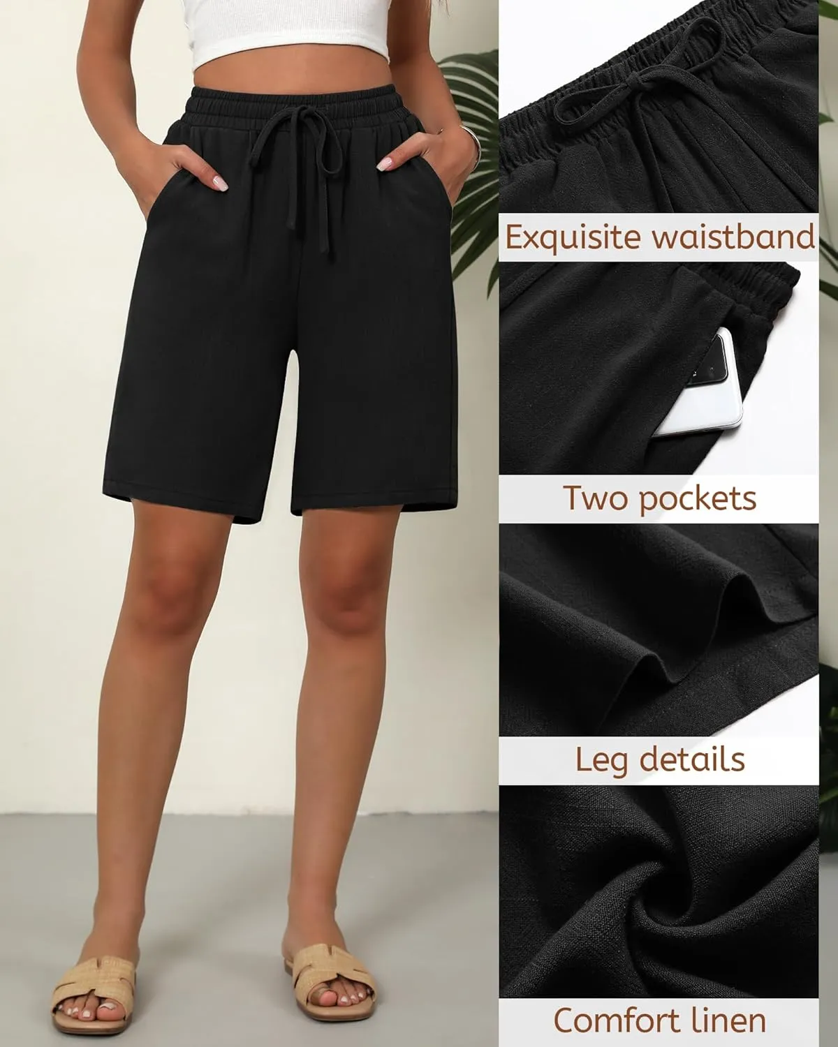 Ficerd 2 Pack Women's Linen Shorts Casual Drawstring Bermuda Summer Wide Leg Knee Length Shorts with Pockets