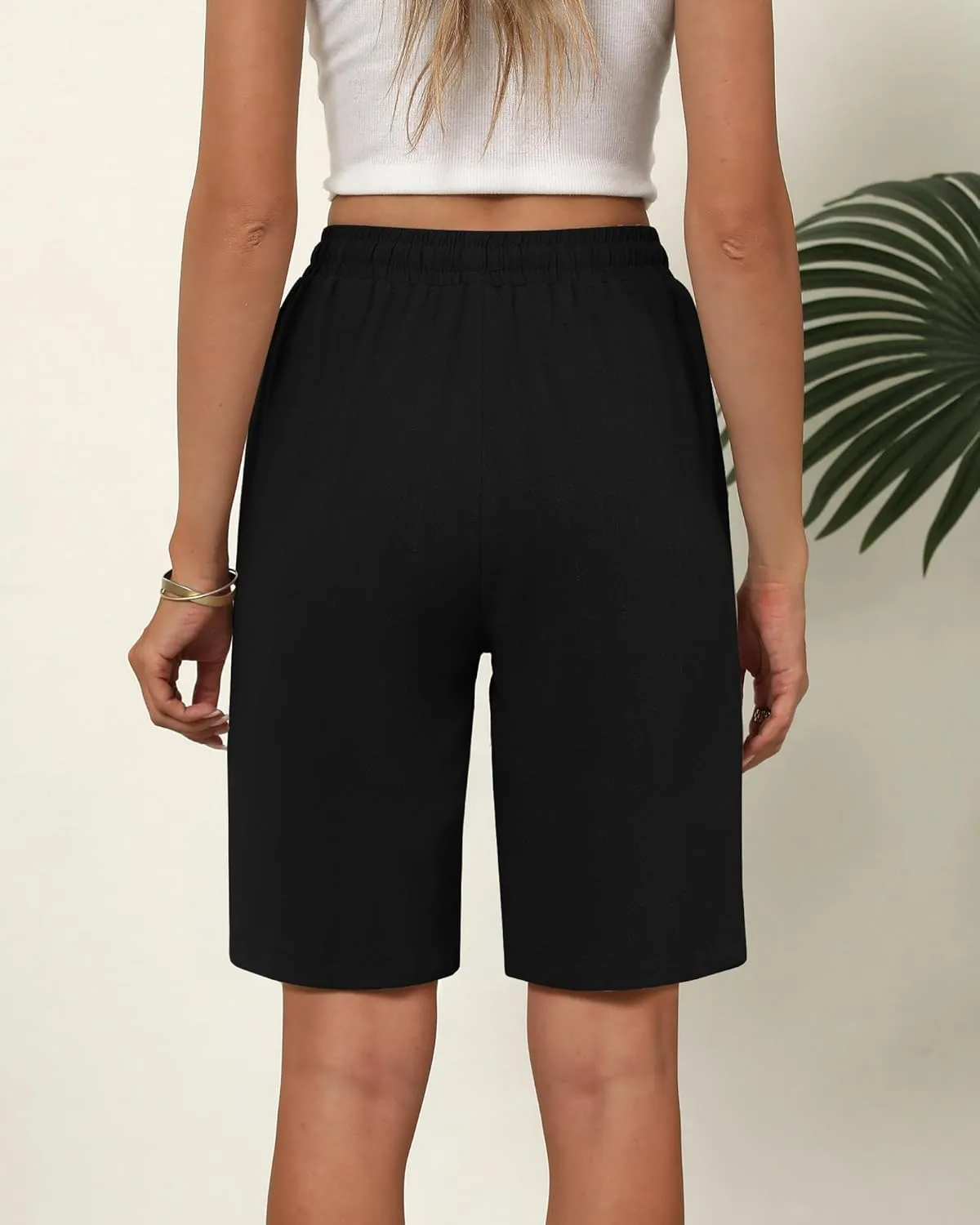 Ficerd 2 Pack Women's Linen Shorts Casual Drawstring Bermuda Summer Wide Leg Knee Length Shorts with Pockets