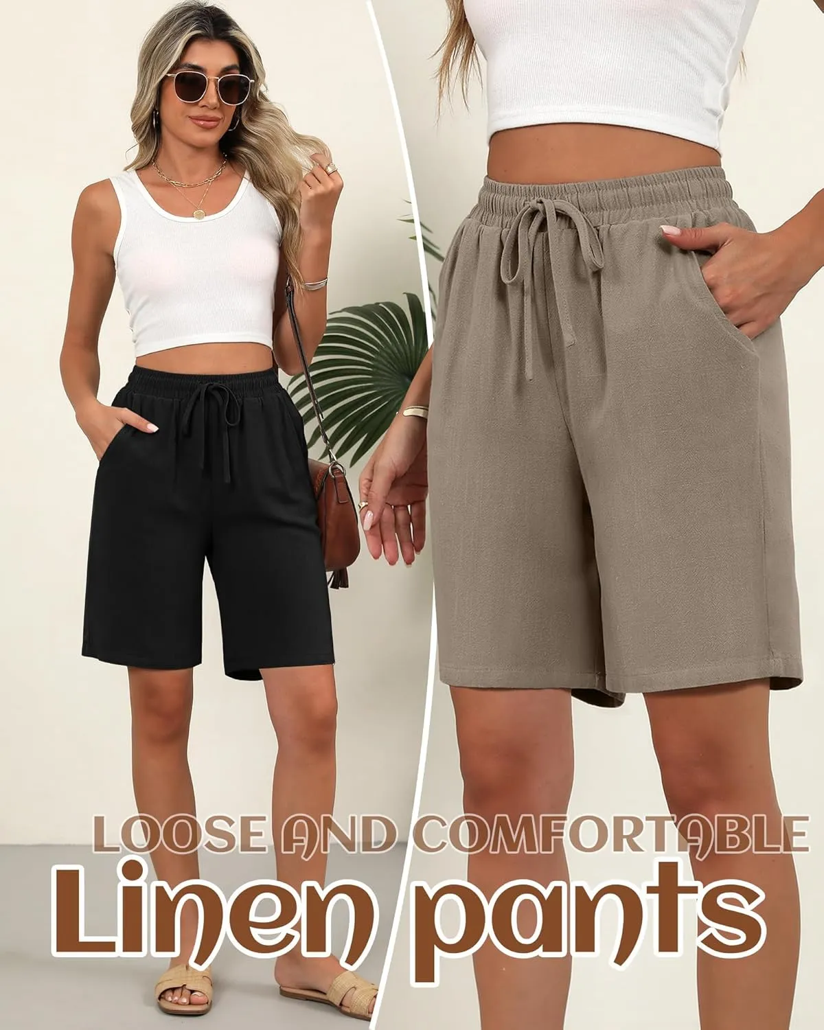 Ficerd 2 Pack Women's Linen Shorts Casual Drawstring Bermuda Summer Wide Leg Knee Length Shorts with Pockets