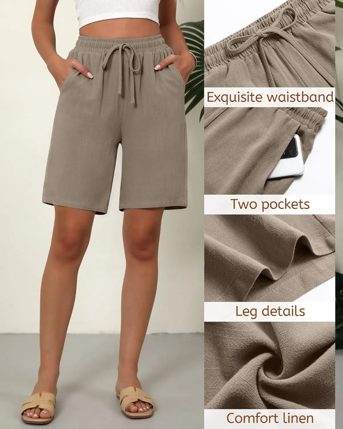 Ficerd 2 Pack Women's Linen Shorts Casual Drawstring Bermuda Summer Wide Leg Knee Length Shorts with Pockets