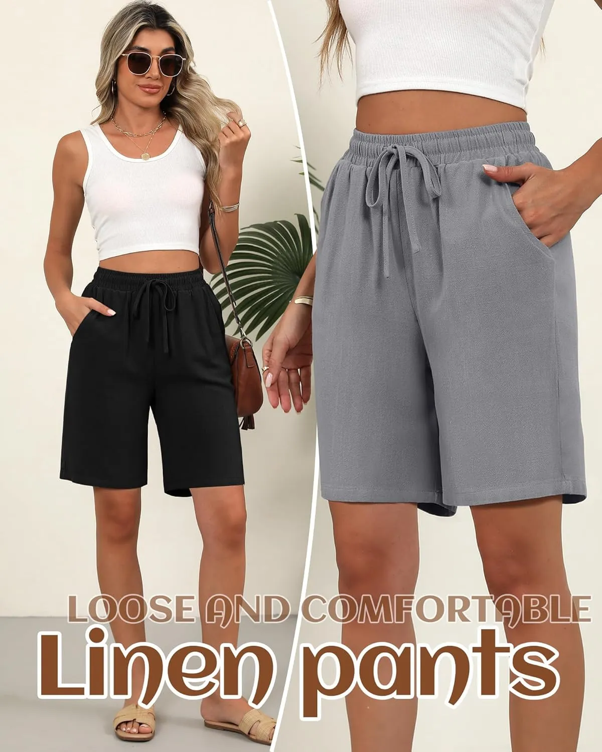 Ficerd 2 Pack Women's Linen Shorts Casual Drawstring Bermuda Summer Wide Leg Knee Length Shorts with Pockets