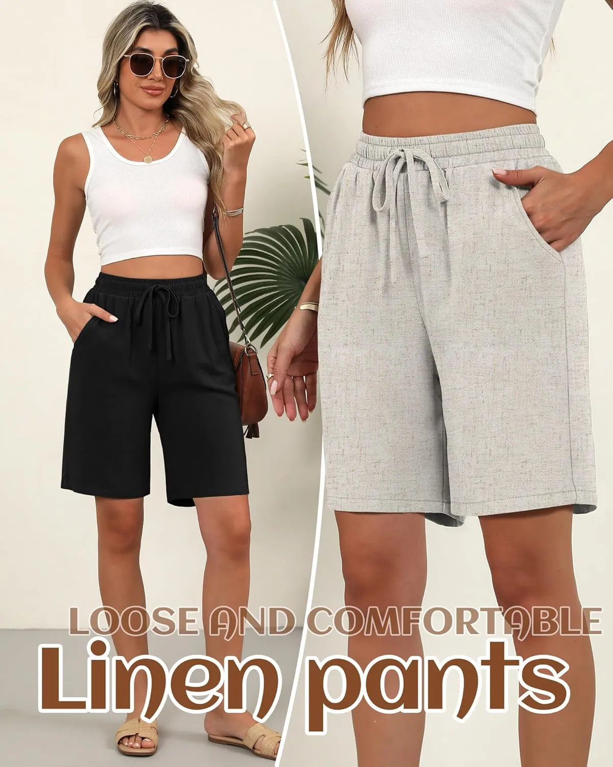 Ficerd 2 Pack Women's Linen Shorts Casual Drawstring Bermuda Summer Wide Leg Knee Length Shorts with Pockets