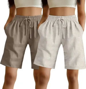 Ficerd 2 Pack Women's Linen Shorts Casual Drawstring Bermuda Summer Wide Leg Knee Length Shorts with Pockets