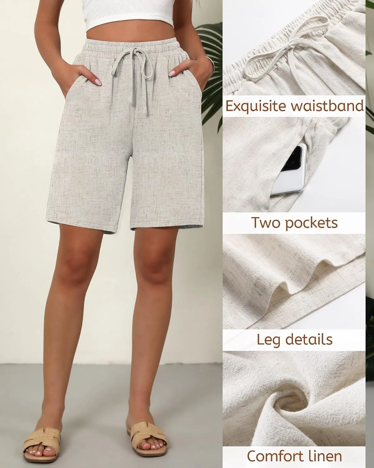 Ficerd 2 Pack Women's Linen Shorts Casual Drawstring Bermuda Summer Wide Leg Knee Length Shorts with Pockets