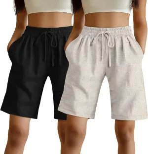 Ficerd 2 Pack Women's Linen Shorts Casual Drawstring Bermuda Summer Wide Leg Knee Length Shorts with Pockets