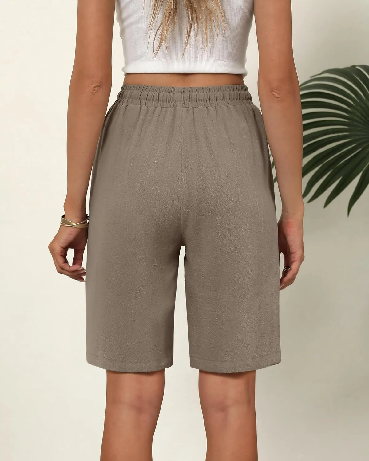Ficerd 2 Pack Women's Linen Shorts Casual Drawstring Bermuda Summer Wide Leg Knee Length Shorts with Pockets