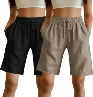 Ficerd 2 Pack Women's Linen Shorts Casual Drawstring Bermuda Summer Wide Leg Knee Length Shorts with Pockets