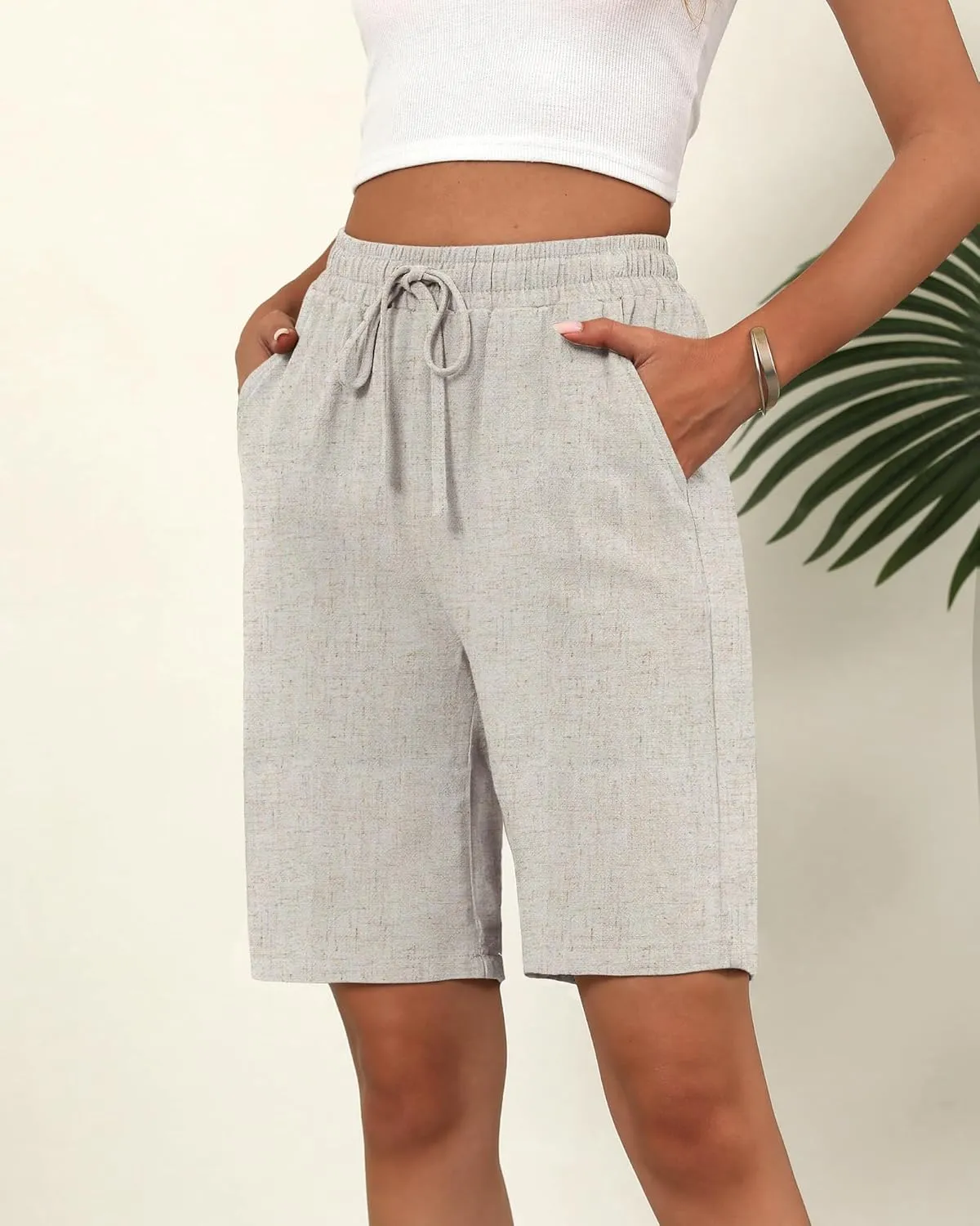 Ficerd 2 Pack Women's Linen Shorts Casual Drawstring Bermuda Summer Wide Leg Knee Length Shorts with Pockets