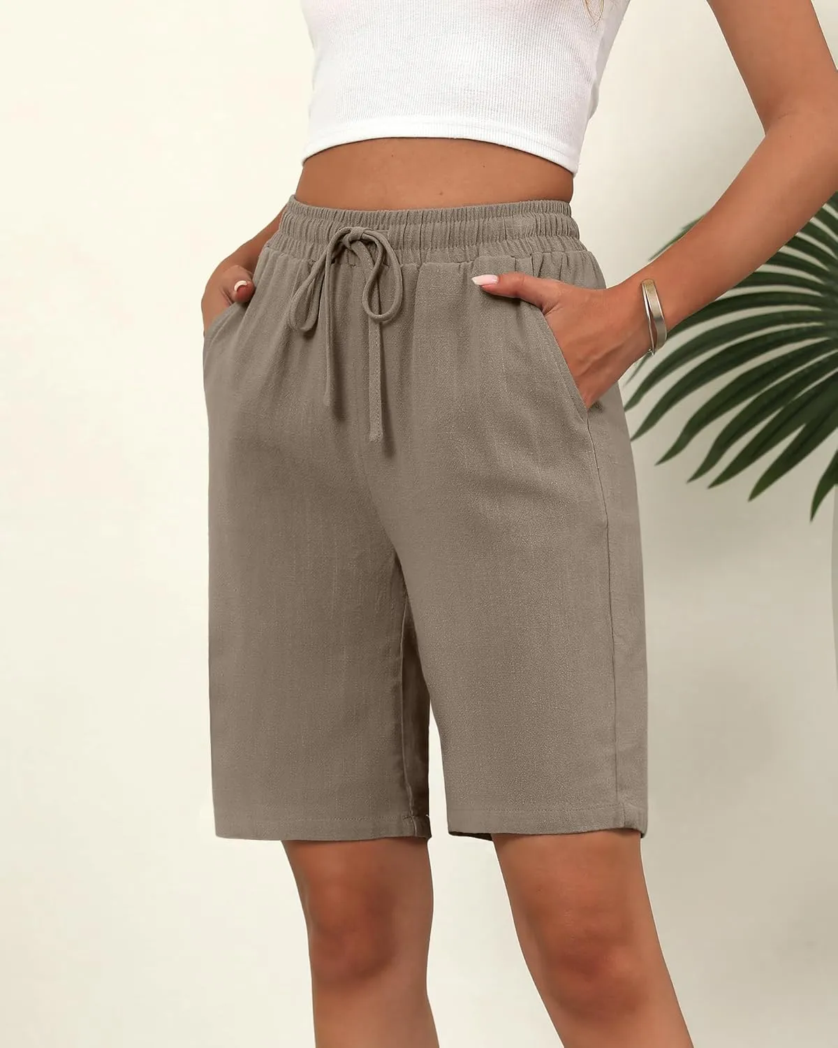Ficerd 2 Pack Women's Linen Shorts Casual Drawstring Bermuda Summer Wide Leg Knee Length Shorts with Pockets