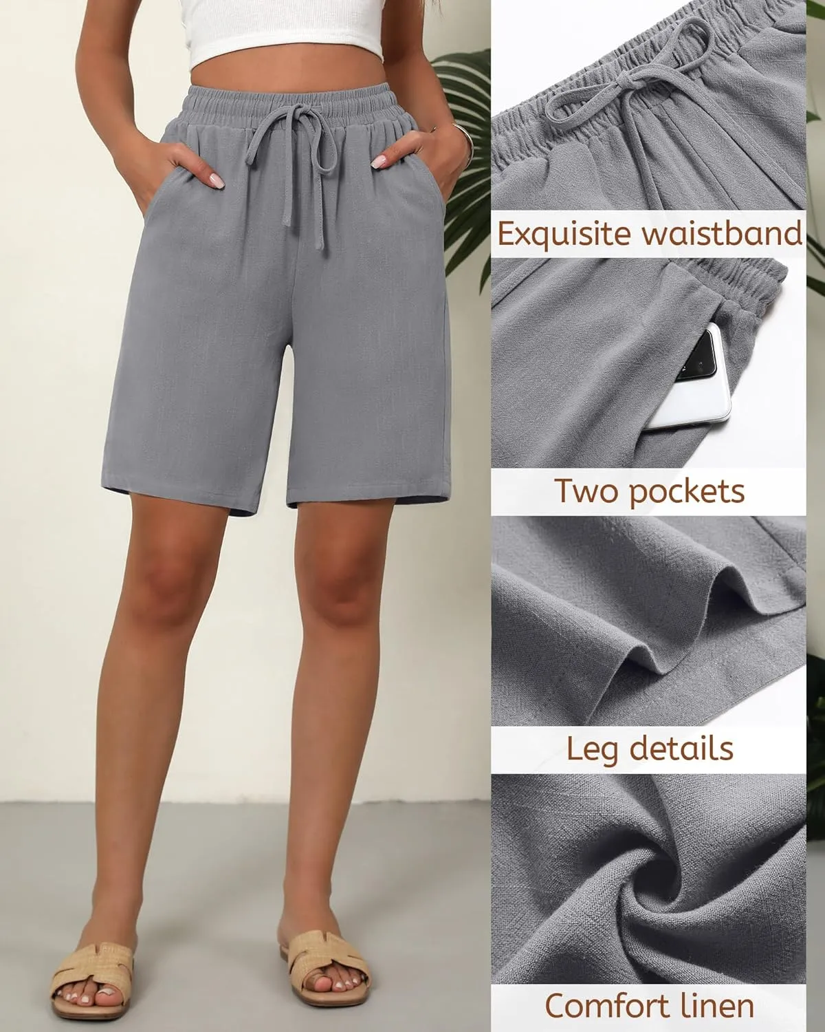 Ficerd 2 Pack Women's Linen Shorts Casual Drawstring Bermuda Summer Wide Leg Knee Length Shorts with Pockets