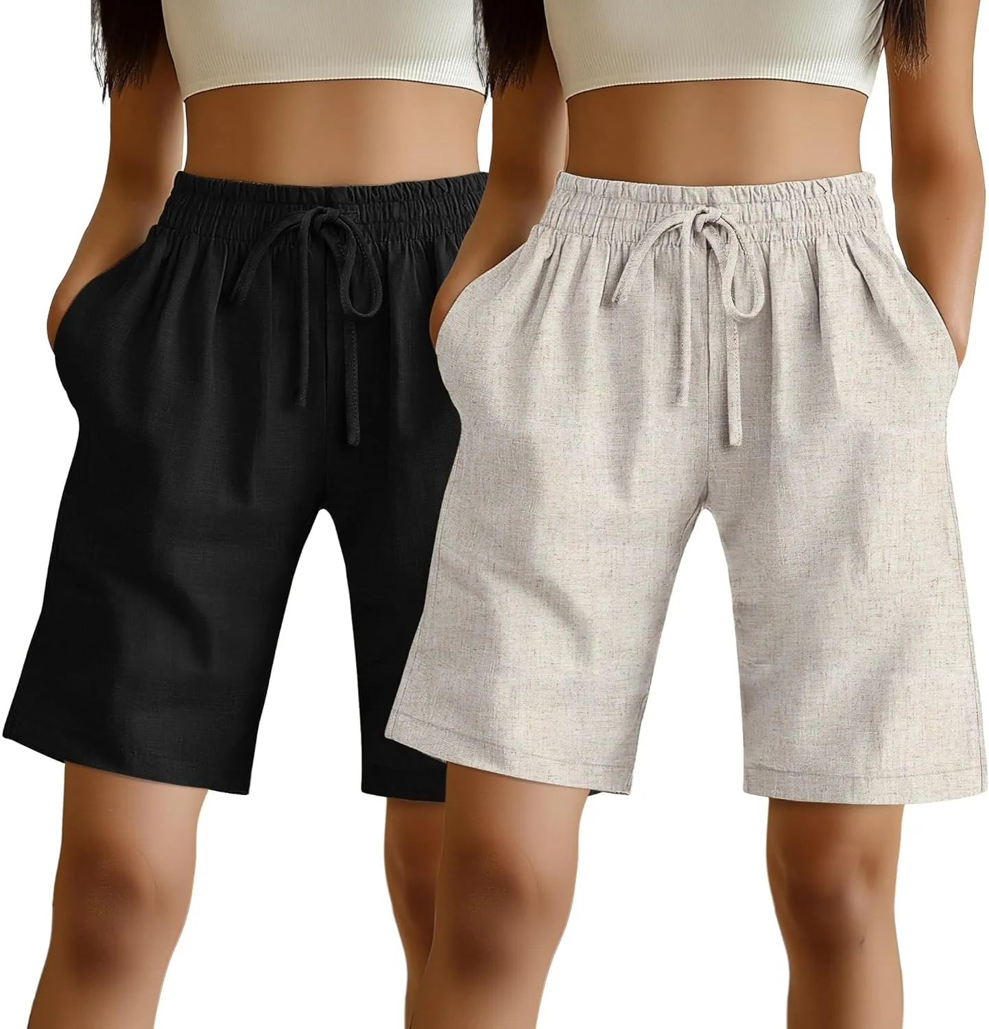 Ficerd 2 Pack Women's Linen Shorts Casual Drawstring Bermuda Summer Wide Leg Knee Length Shorts with Pockets