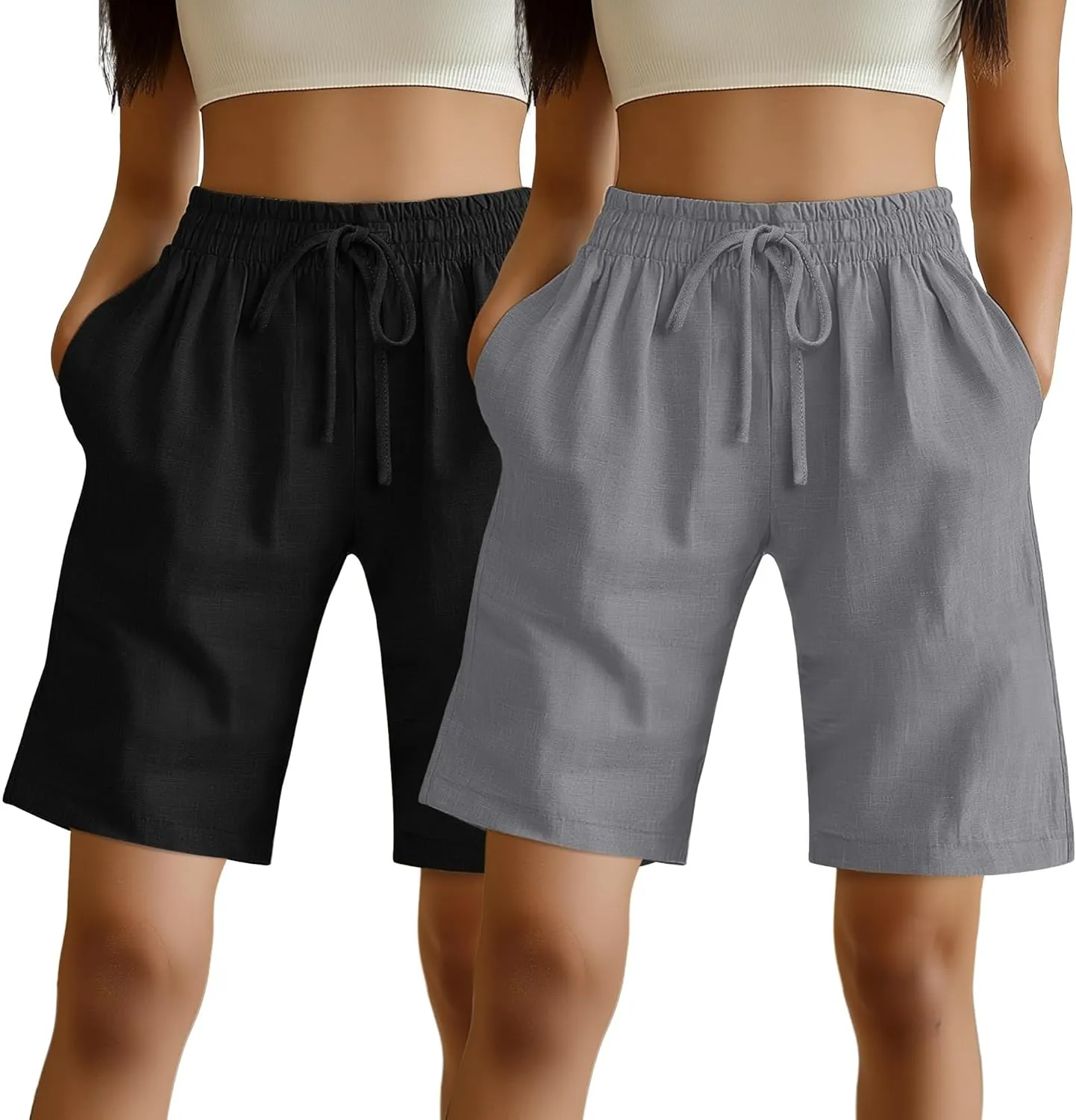 Ficerd 2 Pack Women's Linen Shorts Casual Drawstring Bermuda Summer Wide Leg Knee Length Shorts with Pockets