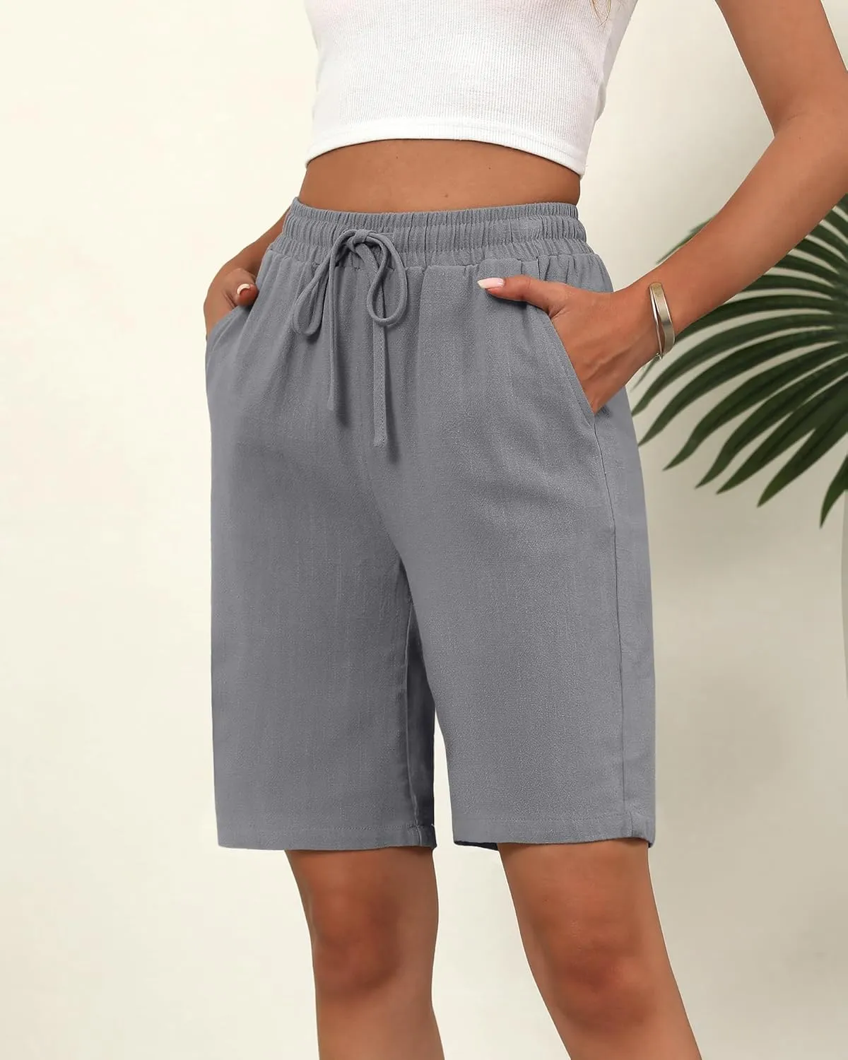 Ficerd 2 Pack Women's Linen Shorts Casual Drawstring Bermuda Summer Wide Leg Knee Length Shorts with Pockets
