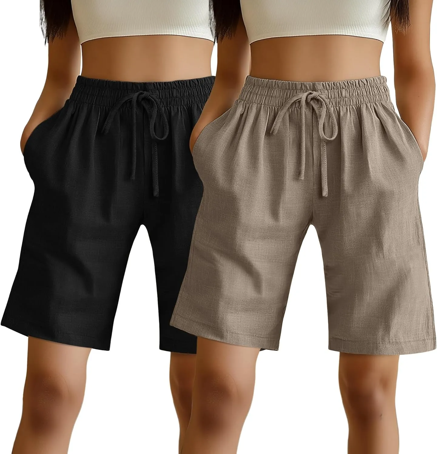 Ficerd 2 Pack Women's Linen Shorts Casual Drawstring Bermuda Summer Wide Leg Knee Length Shorts with Pockets