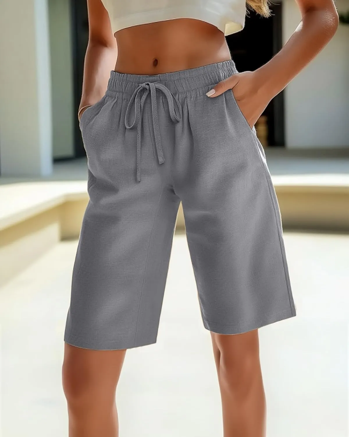 Ficerd 2 Pack Women's Linen Shorts Casual Drawstring Bermuda Summer Wide Leg Knee Length Shorts with Pockets