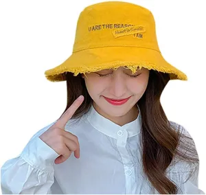 Frayed Bucket Hat for Women Men Trendy Cotton Fishing Cap Floppy Wide Brim Boonie Hat Summer Travel Beach Sun Hat
