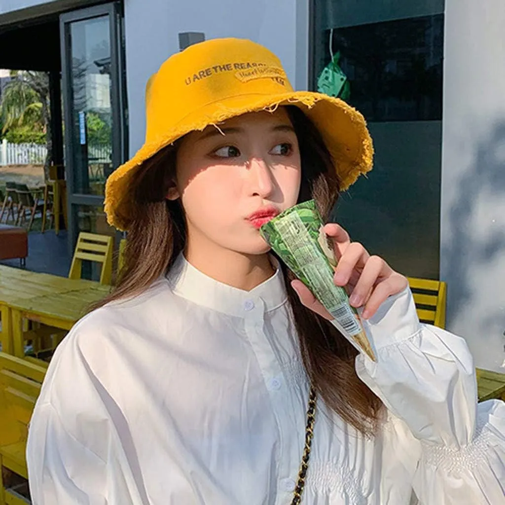 Frayed Bucket Hat for Women Men Trendy Cotton Fishing Cap Floppy Wide Brim Boonie Hat Summer Travel Beach Sun Hat