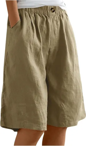 FZVYD Womens Wide Leg Cotton Linen Bermuda Shorts High Waist 2024 Summer Trendy Long Shorts Knee Length Shorts with Pockets