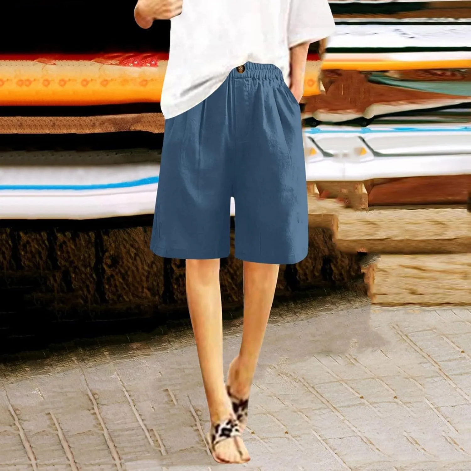 FZVYD Womens Wide Leg Cotton Linen Bermuda Shorts High Waist 2024 Summer Trendy Long Shorts Knee Length Shorts with Pockets