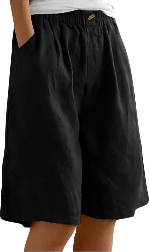 FZVYD Womens Wide Leg Cotton Linen Bermuda Shorts High Waist 2024 Summer Trendy Long Shorts Knee Length Shorts with Pockets