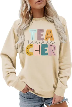 GIERIDUC Teacher Crewneck Sweatshirts for Women Womens Pullover Sweaters Long Sleeve Letter Graphic Sweater Collared Sweater