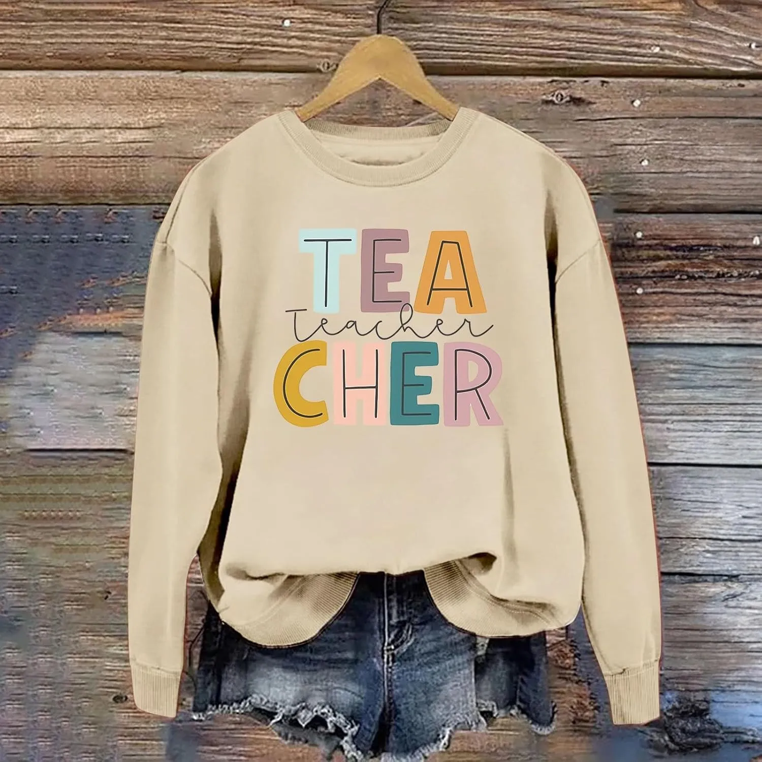 GIERIDUC Teacher Crewneck Sweatshirts for Women Womens Pullover Sweaters Long Sleeve Letter Graphic Sweater Collared Sweater