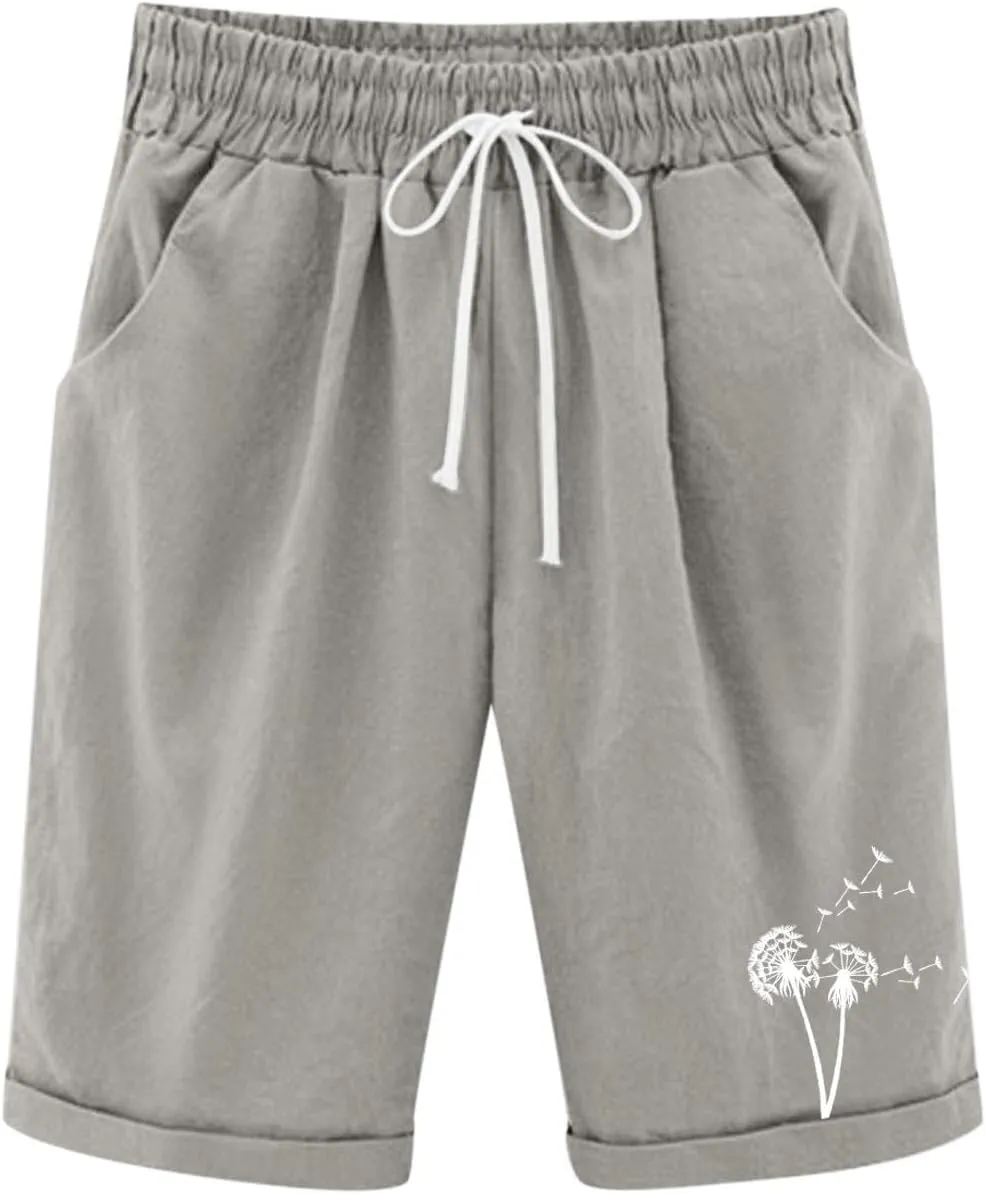 Girls Bermuda Shorts Linen Straight Leg Knee Length Shorts Sport Gym Casual Cute Flower Graphic Basic Summer Pant 2025