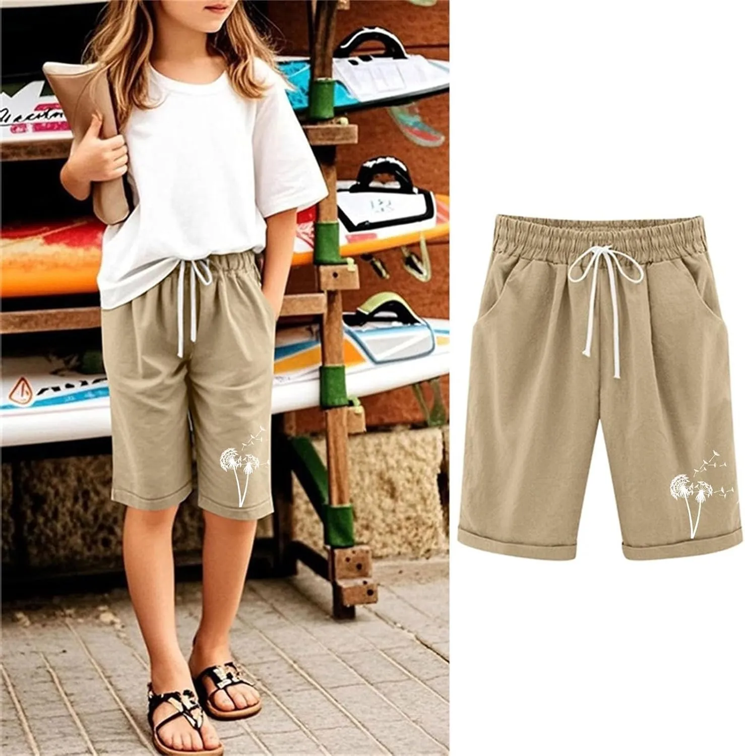 Girls Bermuda Shorts Linen Straight Leg Knee Length Shorts Sport Gym Casual Cute Flower Graphic Basic Summer Pant 2025