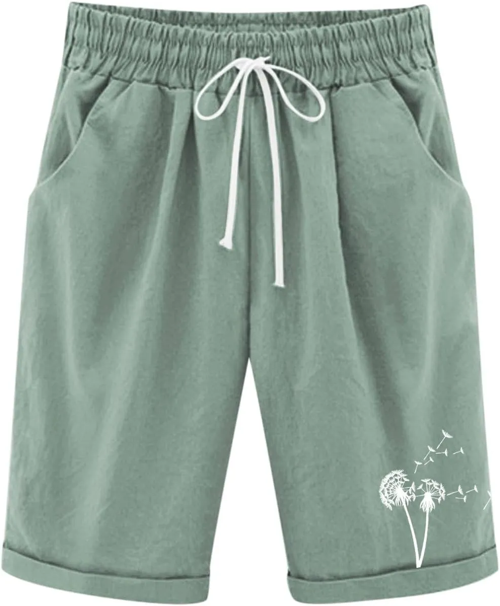 Girls Bermuda Shorts Linen Straight Leg Knee Length Shorts Sport Gym Casual Cute Flower Graphic Basic Summer Pant 2025