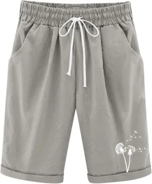 Girls Bermuda Shorts Linen Straight Leg Knee Length Shorts Sport Gym Casual Cute Flower Graphic Basic Summer Pant 2025