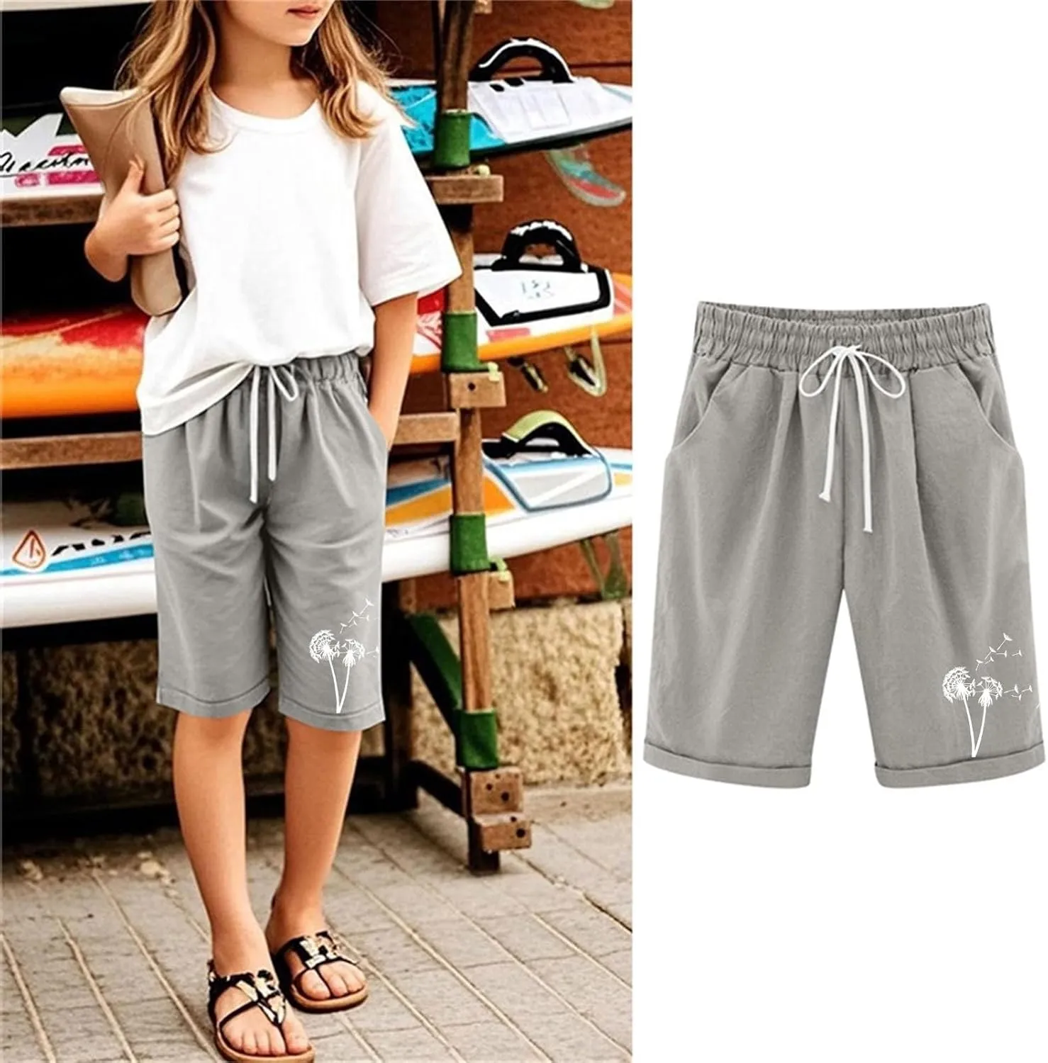 Girls Bermuda Shorts Linen Straight Leg Knee Length Shorts Sport Gym Casual Cute Flower Graphic Basic Summer Pant 2025