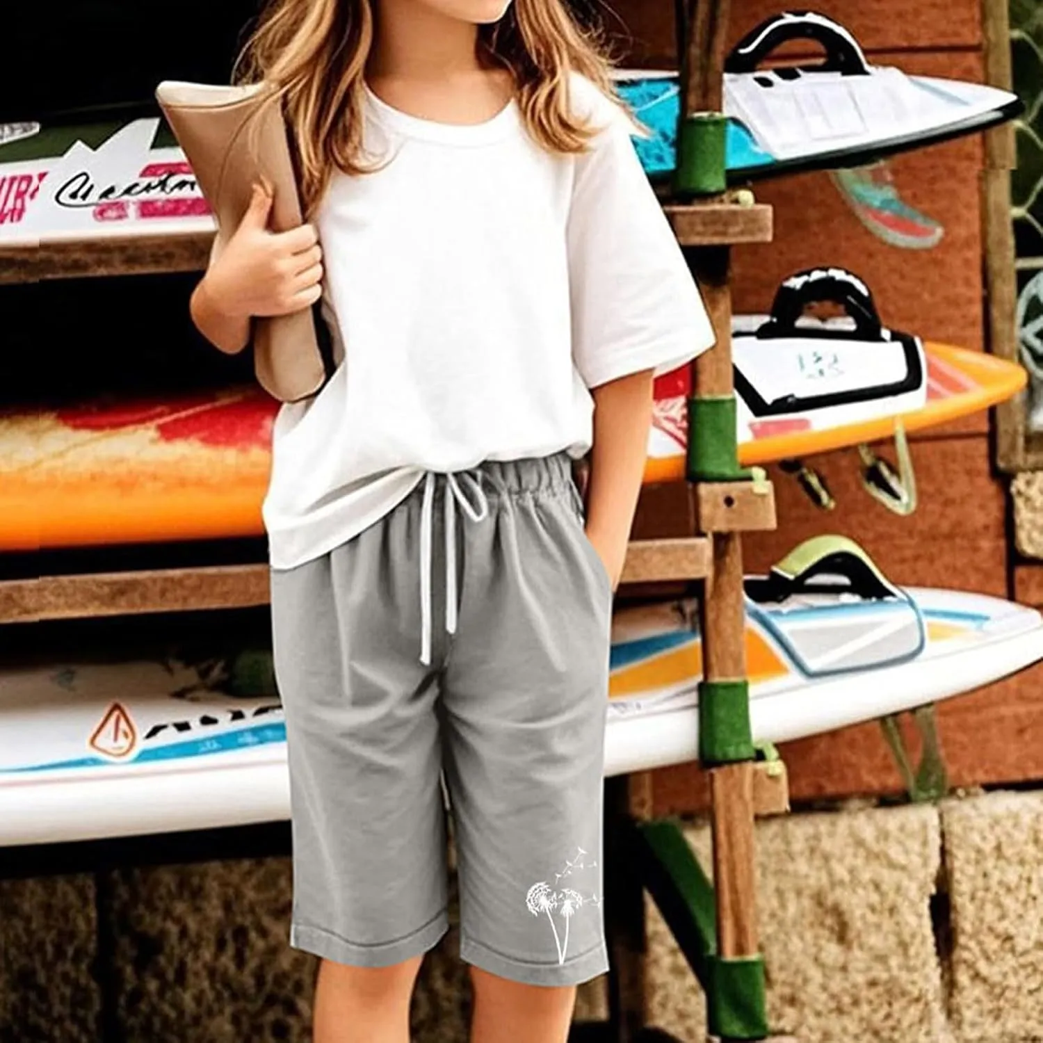 Girls Bermuda Shorts Linen Straight Leg Knee Length Shorts Sport Gym Casual Cute Flower Graphic Basic Summer Pant 2025