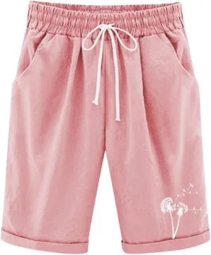 Girls Bermuda Shorts Linen Straight Leg Knee Length Shorts Sport Gym Casual Cute Flower Graphic Basic Summer Pant 2025