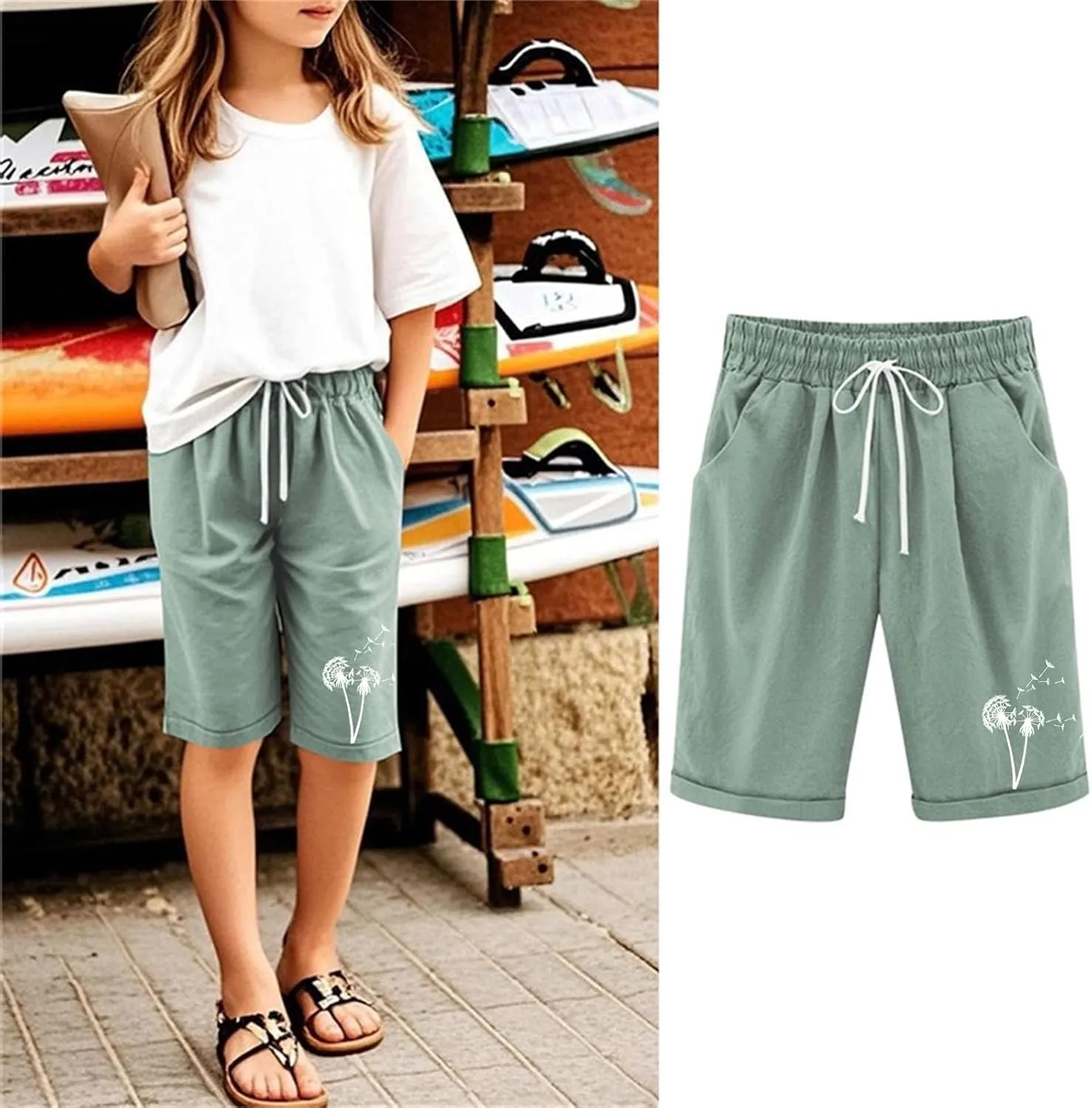 Girls Bermuda Shorts Linen Straight Leg Knee Length Shorts Sport Gym Casual Cute Flower Graphic Basic Summer Pant 2025