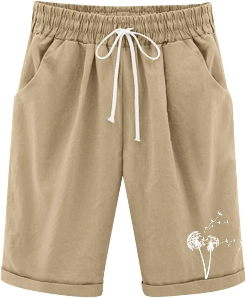Girls Bermuda Shorts Linen Straight Leg Knee Length Shorts Sport Gym Casual Cute Flower Graphic Basic Summer Pant 2025