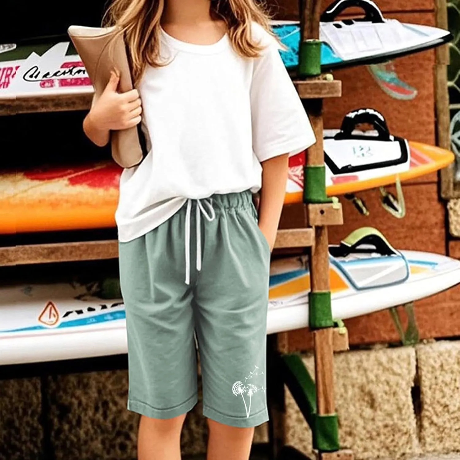 Girls Bermuda Shorts Linen Straight Leg Knee Length Shorts Sport Gym Casual Cute Flower Graphic Basic Summer Pant 2025