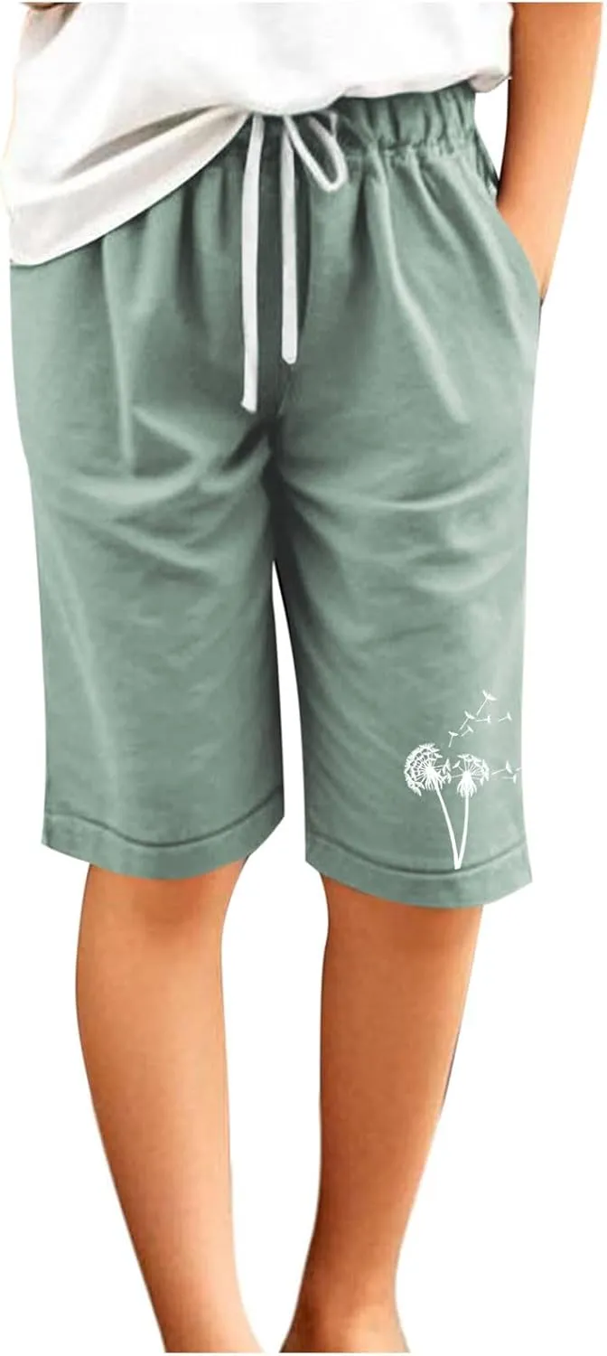 Girls Bermuda Shorts Linen Straight Leg Knee Length Shorts Sport Gym Casual Cute Flower Graphic Basic Summer Pant 2025