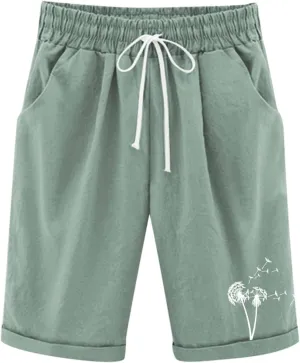 Girls Bermuda Shorts Linen Straight Leg Knee Length Shorts Sport Gym Casual Cute Flower Graphic Basic Summer Pant 2025