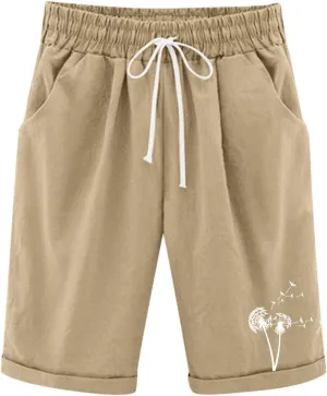 Girls Bermuda Shorts Linen Straight Leg Knee Length Shorts Sport Gym Casual Cute Flower Graphic Basic Summer Pant 2025