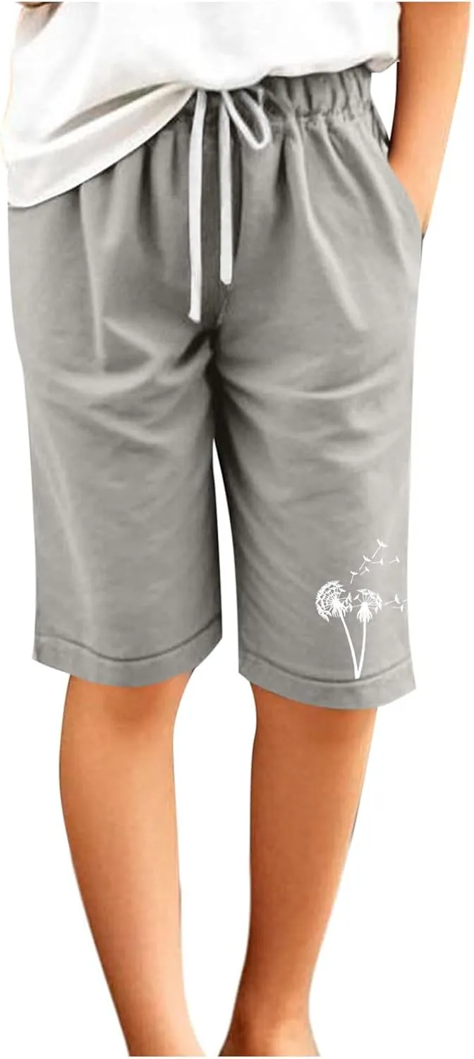 Girls Bermuda Shorts Linen Straight Leg Knee Length Shorts Sport Gym Casual Cute Flower Graphic Basic Summer Pant 2025