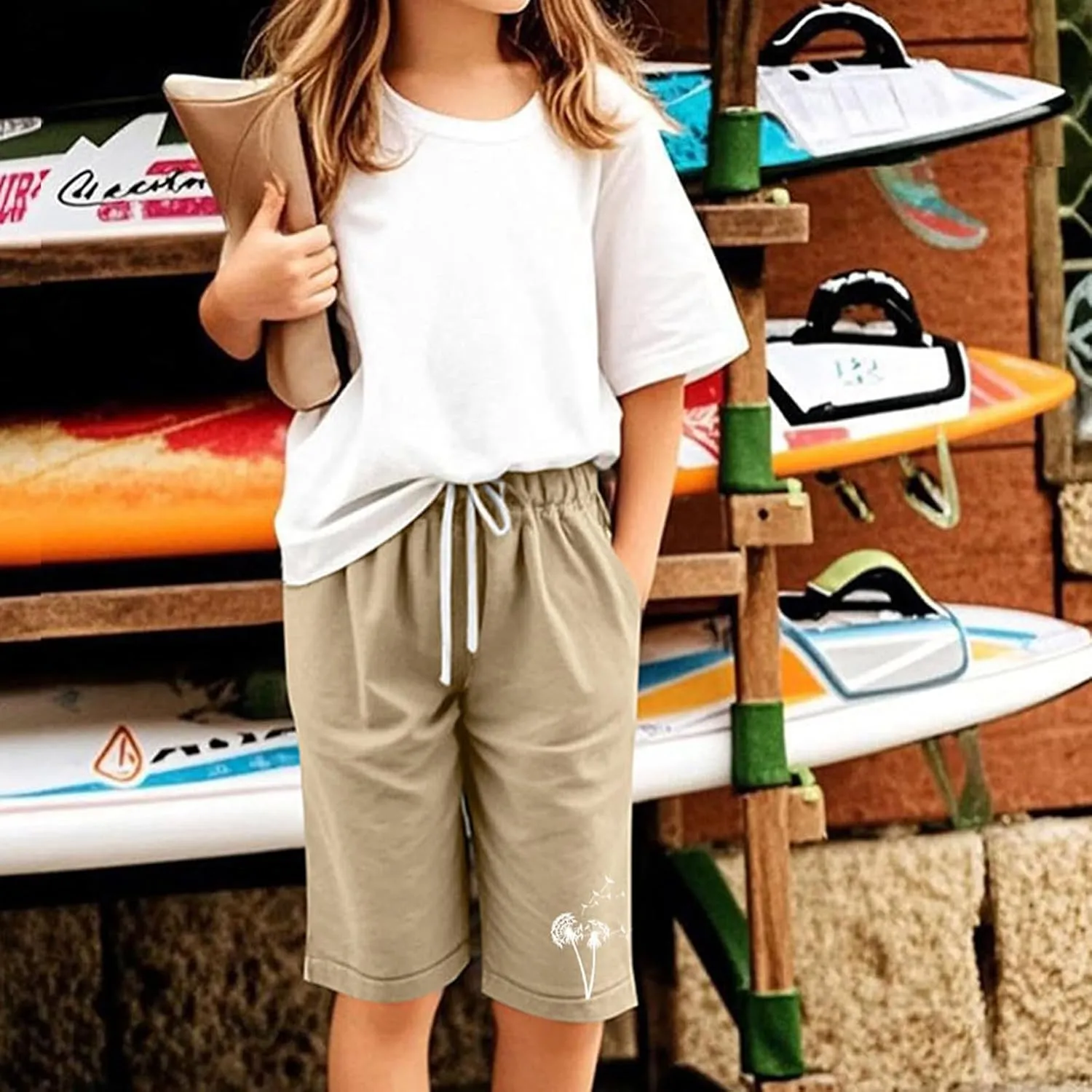 Girls Bermuda Shorts Linen Straight Leg Knee Length Shorts Sport Gym Casual Cute Flower Graphic Basic Summer Pant 2025