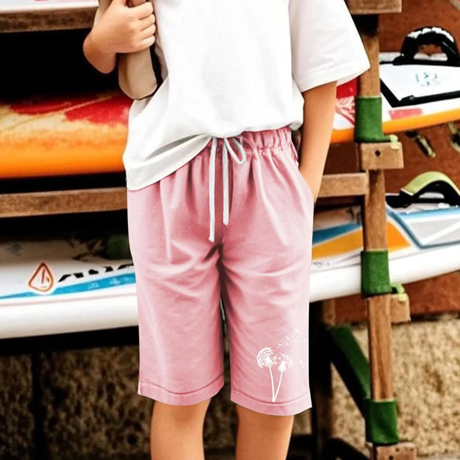 Girls Bermuda Shorts Linen Straight Leg Knee Length Shorts Sport Gym Casual Cute Flower Graphic Basic Summer Pant 2025
