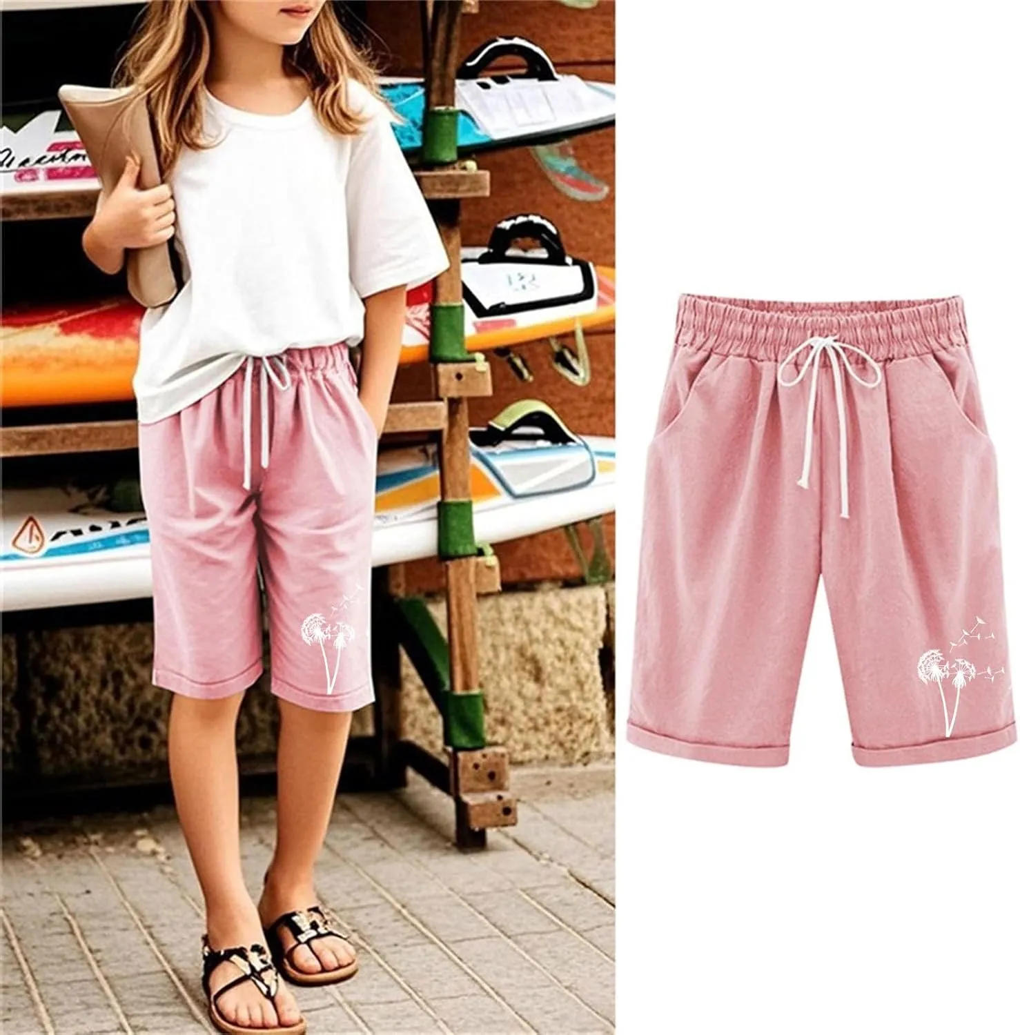 Girls Bermuda Shorts Linen Straight Leg Knee Length Shorts Sport Gym Casual Cute Flower Graphic Basic Summer Pant 2025