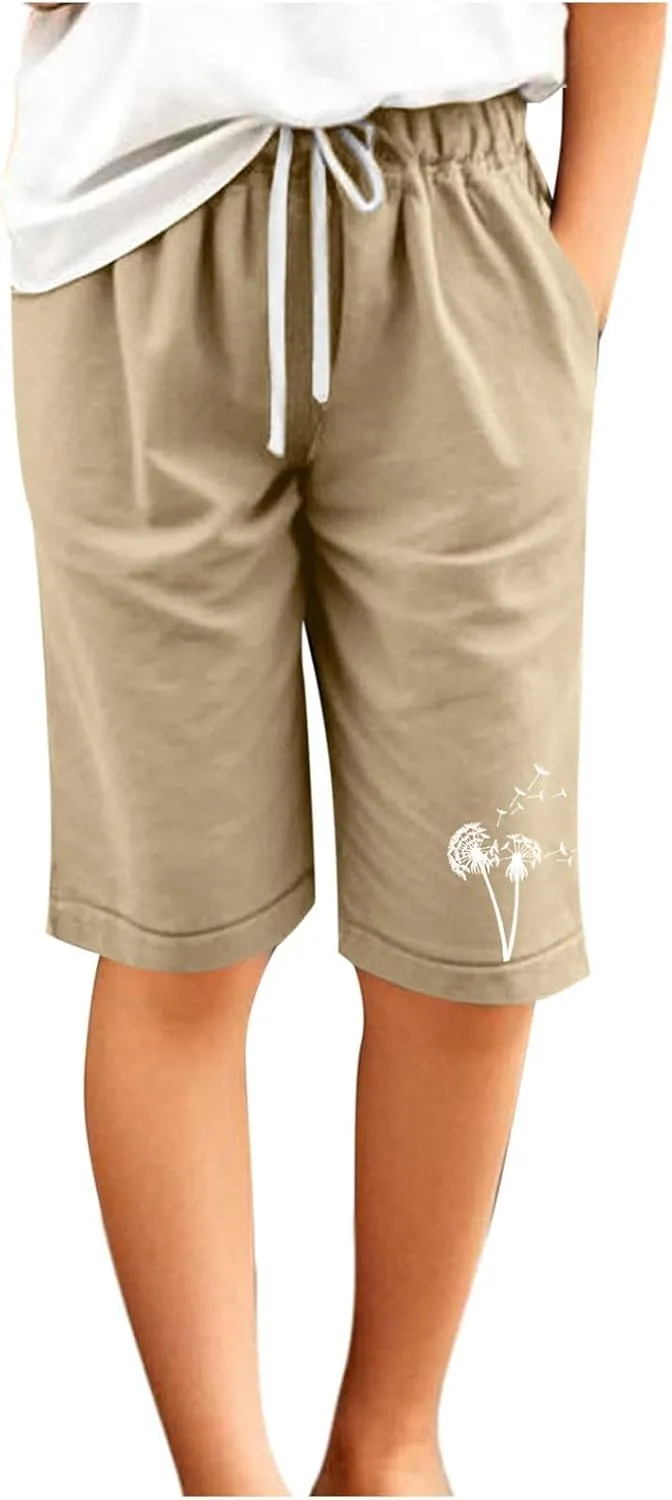 Girls Bermuda Shorts Linen Straight Leg Knee Length Shorts Sport Gym Casual Cute Flower Graphic Basic Summer Pant 2025