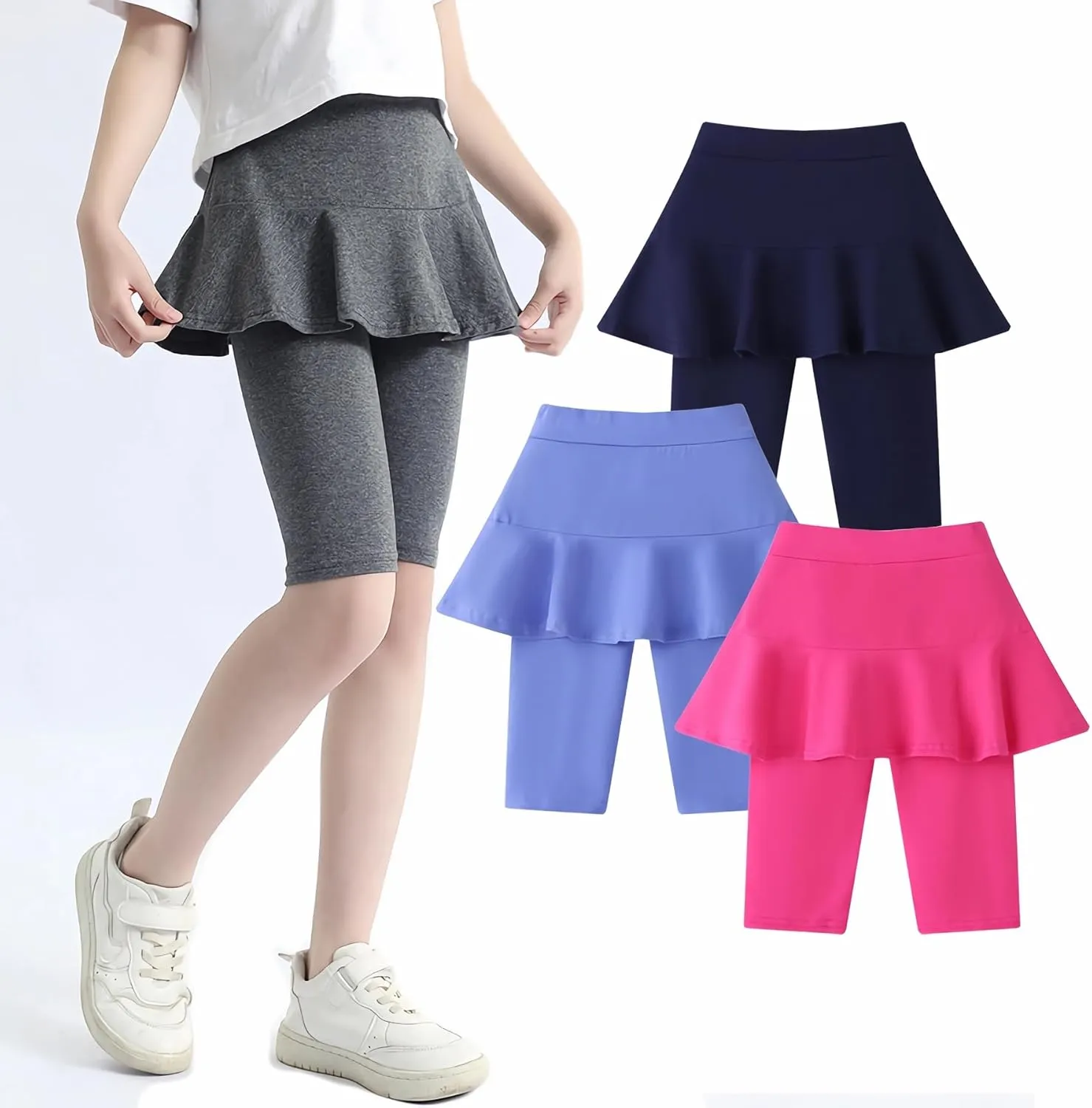 Girls' Knee Length Shorts with Skirt Capri Leggings Kids Summer Casual Sports Shorts 3-11 Years